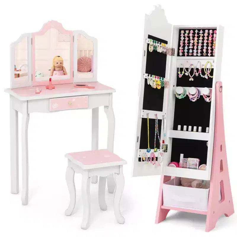 Set Toeletta da Principessa per Bambini – Tavolo da Trucco, Sgabello e Mobile Portagioie con Specchi