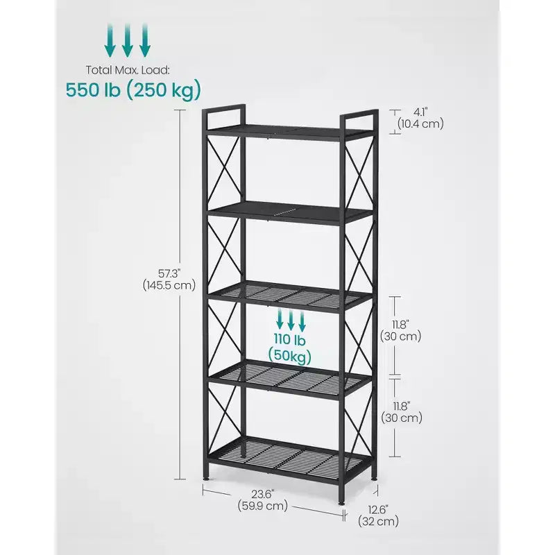 Scaffale portaoggetti in metallo a 5 ripiani, scaffalatura, scaffale da cucina con telai laterali e rete densa, 32 x 60 x 145,5 cm, per ingresso, cucina