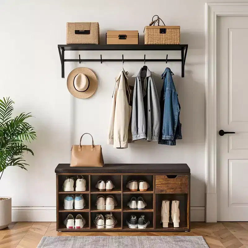 Panca contenitore, Panca da ingresso con cuscino, cassetto e scomparti aperti, Panca con contenitore, per soggiorno, camera da letto, guardaroba