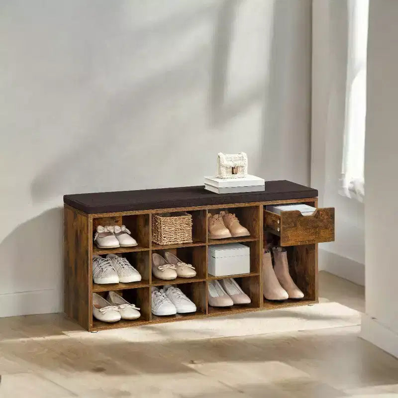 Panca contenitore, Panca da ingresso con cuscino, cassetto e scomparti aperti, Panca con contenitore, per soggiorno, camera da letto, guardaroba