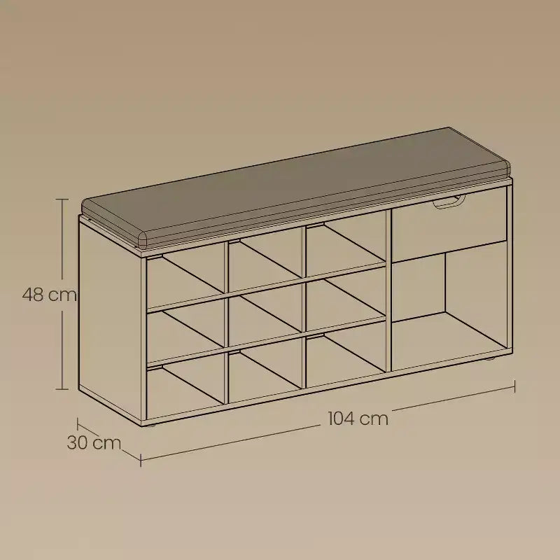 Panca contenitore, Panca da ingresso con cuscino, cassetto e scomparti aperti, Panca con contenitore, per soggiorno, camera da letto, guardaroba