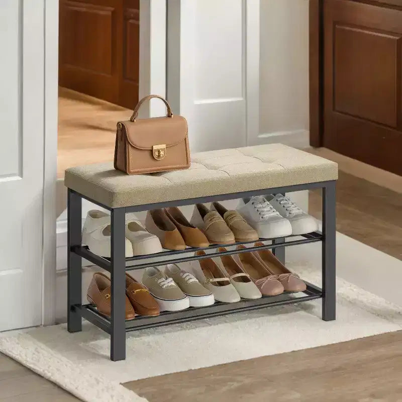 Shoe Bench, Storage Bench, Entryway Bench with Cushion, Shoe Shelf with Seat, Storage Organizer with Foam Padded Seat Linen Metal Frame