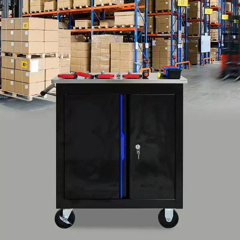 Mobiletto porta attrezzi in metallo con ruote, armadio portaoggetti da garage con serratura su ruote, mobile portautensili mobile per officina e garage, montaggio richiesto, nero