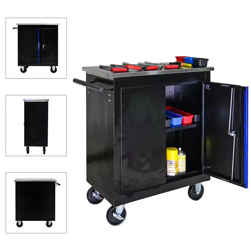 Mobiletto porta attrezzi in metallo con ruote, armadio portaoggetti da garage con serratura su ruote, mobile portautensili mobile per officina e garage, montaggio richiesto, nero