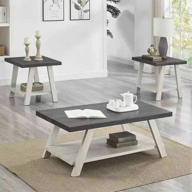 Set 3 Tavolini da Caffè con Mensole in Legno – Antracite Invecchiato e Beige