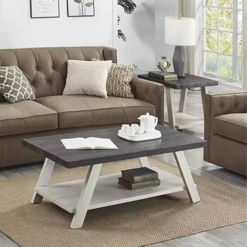 Set 3 Tavolini da Caffè con Mensole in Legno – Antracite Invecchiato e Beige