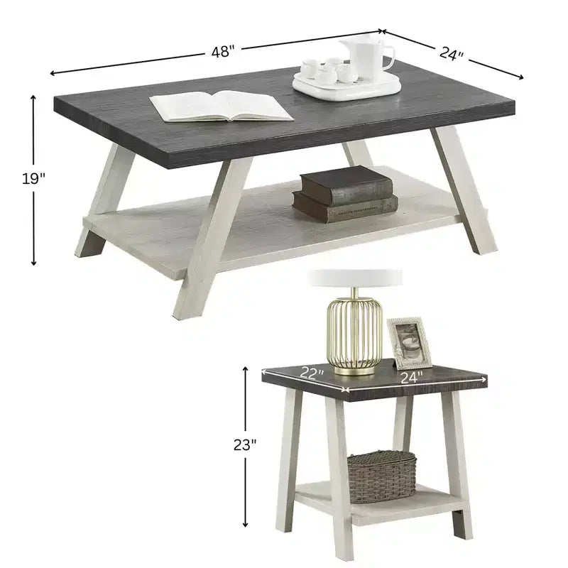 Set 3 Tavolini da Caffè con Mensole in Legno – Antracite Invecchiato e Beige