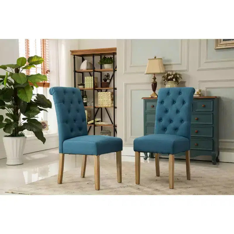 Roundhill Furniture Habit Solid Wood Tufted Parsons Dining Chair, Blue, Set of 2