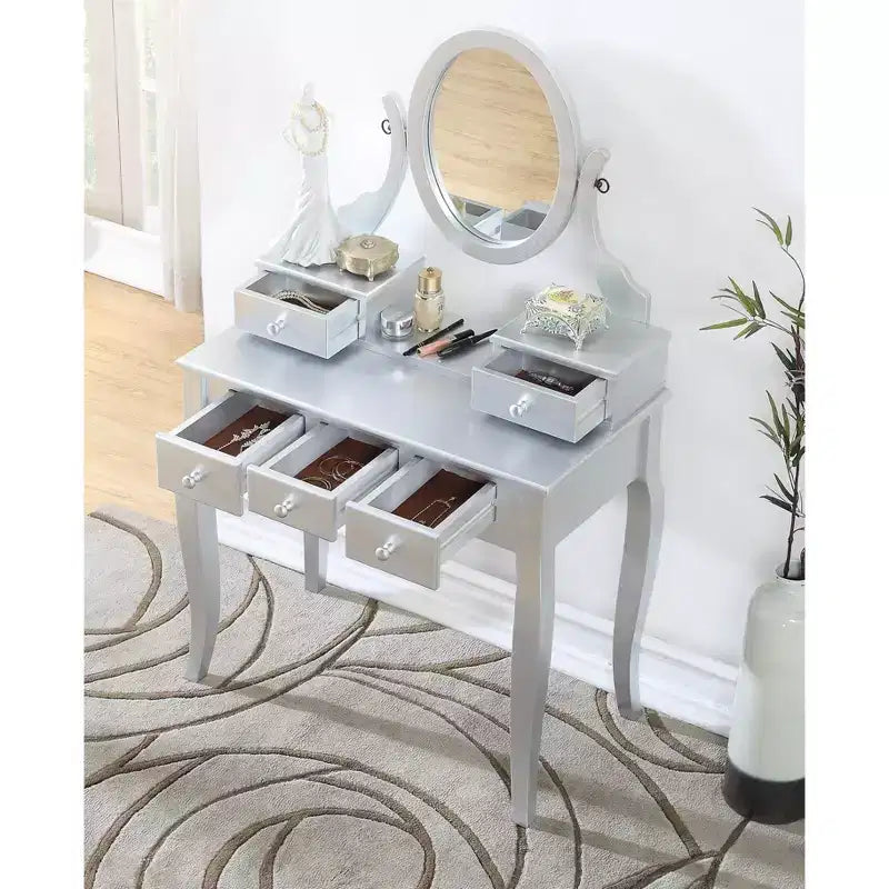 Set da toeletta con specchio girevole e sgabello – 5 cassetti, legno argento