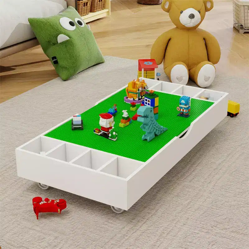 Il Tavolo da Gioco Pieghevole 2 in 1 e Contenitore Giocattoli Compatibile con Lego Adatto per Essere Riposto Sotto il Letto o il Divano-Bianco (38 x 18.7 x 5.9)