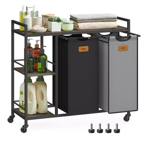VASAGLE Laundry Hamper with 2 Compartments, 26.4 Gal. (100 L) Laundry Sorter, Rolling Laundry Cart with Shelves, Ink Black and Dove Gray