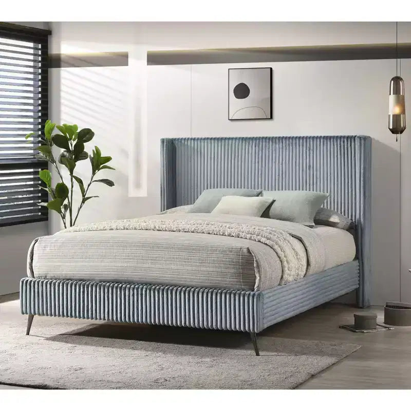 Roundhill Furniture Mavela Wide Wale Corduroy Upholstery Panel Bed, Blue