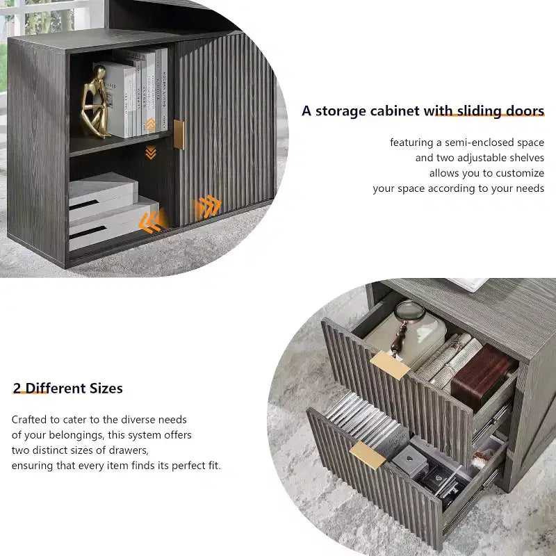 Scrivania Moderna a L da 67" con Mobile Contenitore e Cassetti, Scrivania da Ufficio Domestico in Legno con Prese di Corrente, Scrivania Regolabile in Altezza