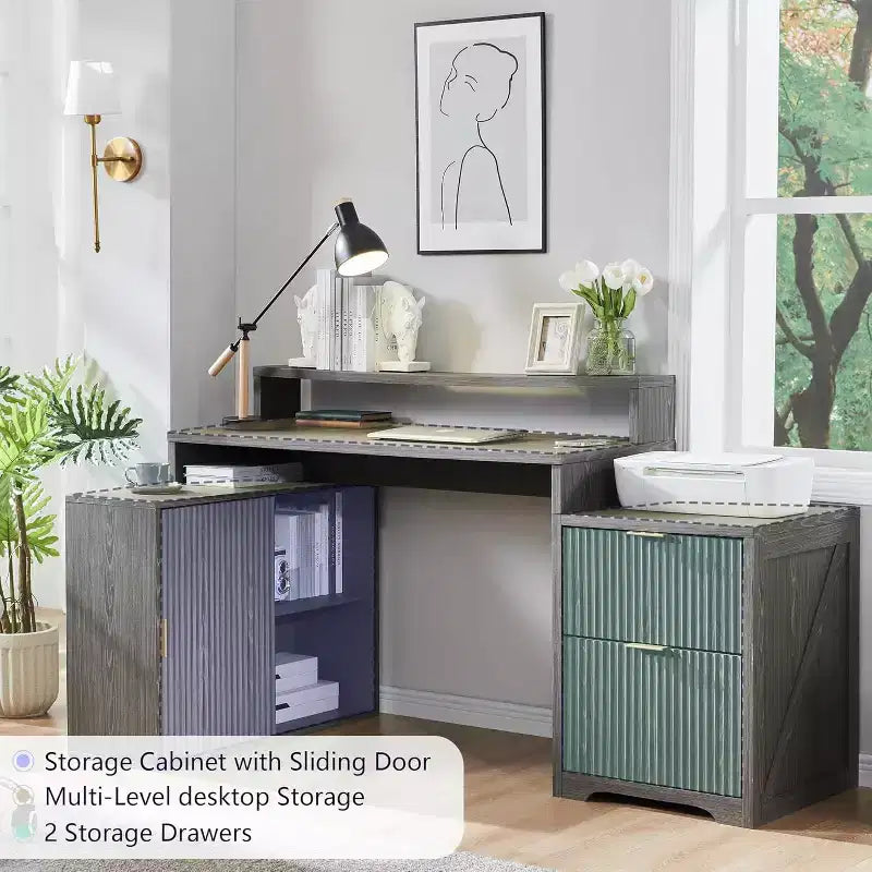 Scrivania Moderna a L da 67" con Mobile Contenitore e Cassetti, Scrivania da Ufficio Domestico in Legno con Prese di Corrente, Scrivania Regolabile in Altezza