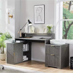 Scrivania Moderna a L da 67" con Mobile Contenitore e Cassetti, Scrivania da Ufficio Domestico in Legno con Prese di Corrente, Scrivania Regolabile in Altezza