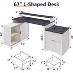 Scrivania Moderna a L da 67" con Mobile Contenitore e Cassetti, Scrivania da Ufficio Domestico in Legno con Prese di Corrente, Scrivania Regolabile in Altezza