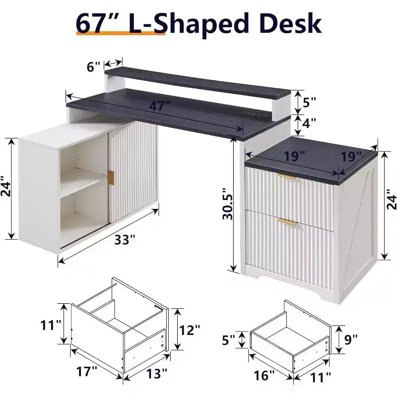 Scrivania Moderna a L da 67" con Mobile Contenitore e Cassetti, Scrivania da Ufficio Domestico in Legno con Prese di Corrente, Scrivania Regolabile in Altezza