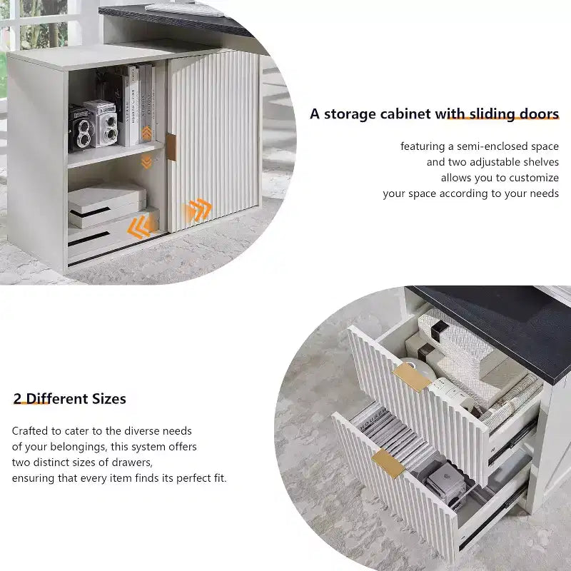 Scrivania Moderna a L da 67" con Mobile Contenitore e Cassetti, Scrivania da Ufficio Domestico in Legno con Prese di Corrente, Scrivania Regolabile in Altezza