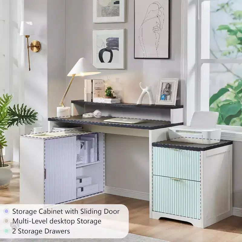 Scrivania Moderna a L da 67" con Mobile Contenitore e Cassetti, Scrivania da Ufficio Domestico in Legno con Prese di Corrente, Scrivania Regolabile in Altezza