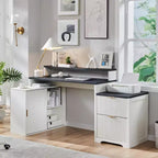 Scrivania Moderna a L da 67" con Mobile Contenitore e Cassetti, Scrivania da Ufficio Domestico in Legno con Prese di Corrente, Scrivania Regolabile in Altezza