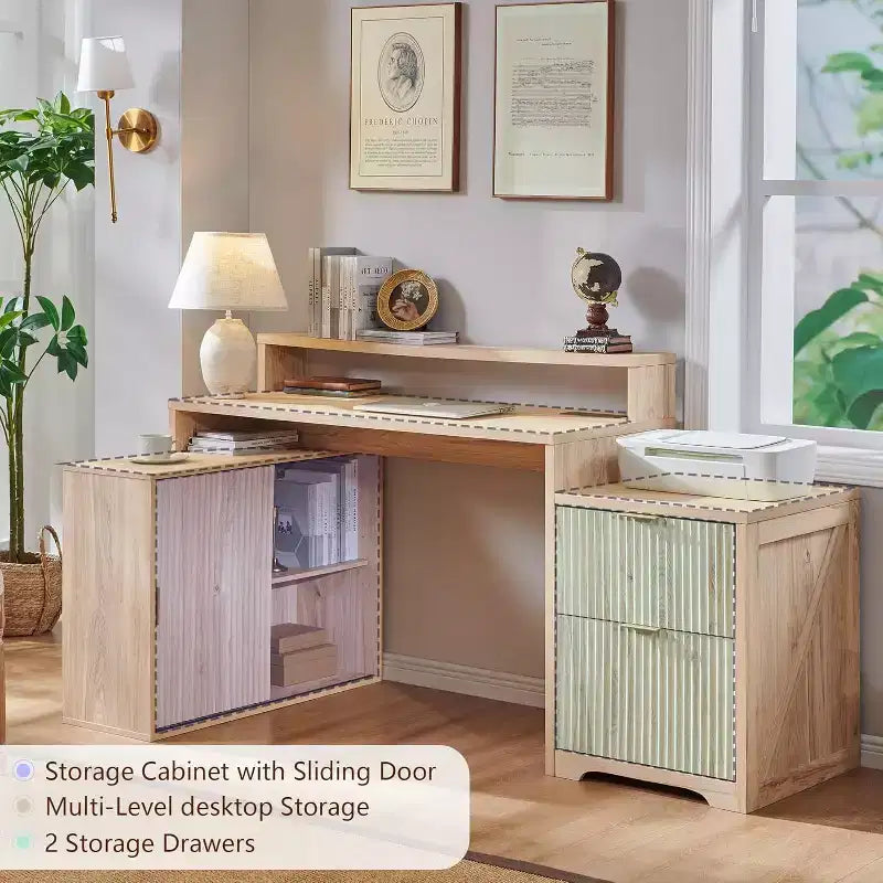 Scrivania Moderna a L da 67" con Mobile Contenitore e Cassetti, Scrivania da Ufficio Domestico in Legno con Prese di Corrente, Scrivania Regolabile in Altezza