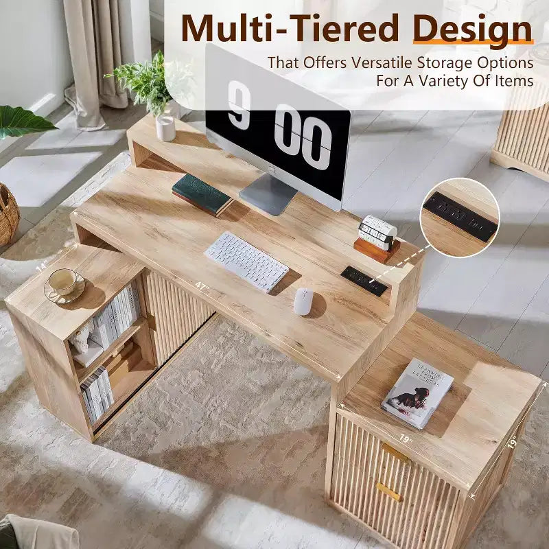 Scrivania Moderna a L da 67" con Mobile Contenitore e Cassetti, Scrivania da Ufficio Domestico in Legno con Prese di Corrente, Scrivania Regolabile in Altezza
