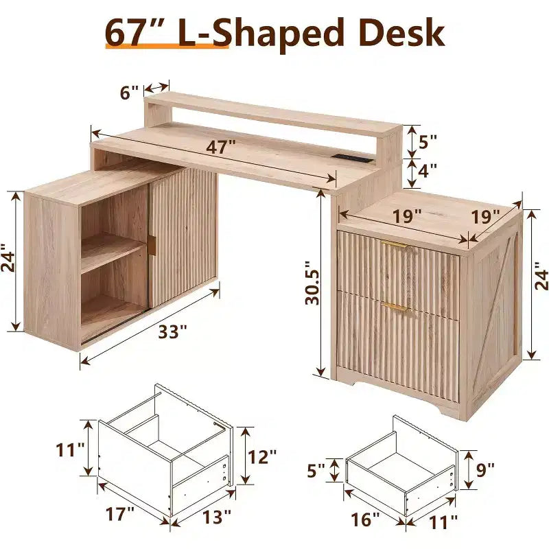 Scrivania Moderna a L da 67" con Mobile Contenitore e Cassetti, Scrivania da Ufficio Domestico in Legno con Prese di Corrente, Scrivania Regolabile in Altezza