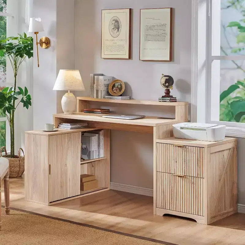 Scrivania Moderna a L da 67" con Mobile Contenitore e Cassetti, Scrivania da Ufficio Domestico in Legno con Prese di Corrente, Scrivania Regolabile in Altezza