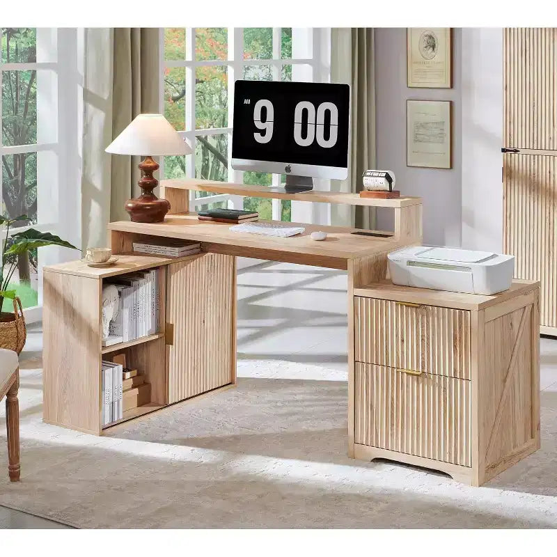Scrivania Moderna a L da 67" con Mobile Contenitore e Cassetti, Scrivania da Ufficio Domestico in Legno con Prese di Corrente, Scrivania Regolabile in Altezza