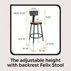 Sgabello da bar regolabile in acciaio con schienale – 63,5-84 cm